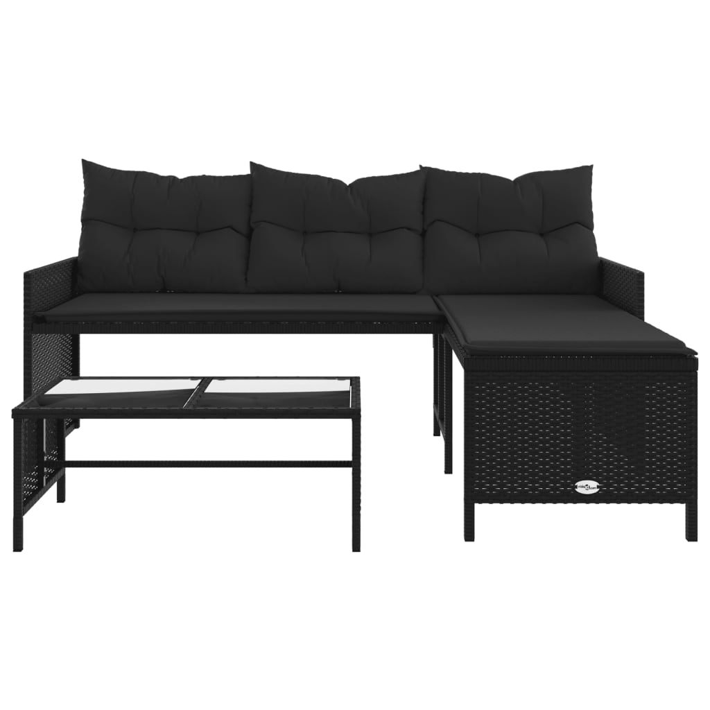 L-shaped garden sofa with table and cushions black poly rattan