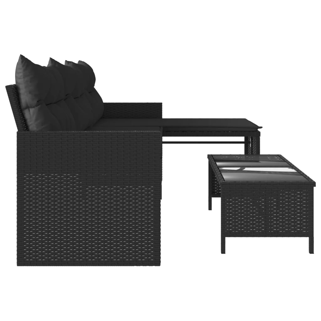 L-shaped garden sofa with table and cushions black poly rattan