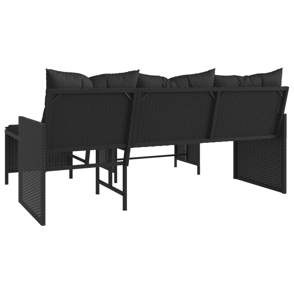 L-shaped garden sofa with table and cushions black poly rattan