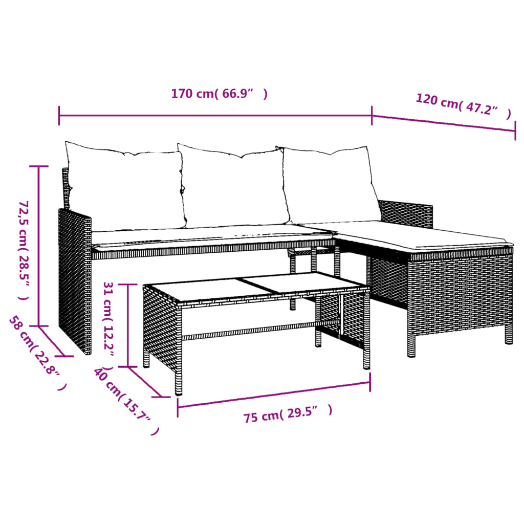 L-shaped garden sofa with table and cushions black poly rattan