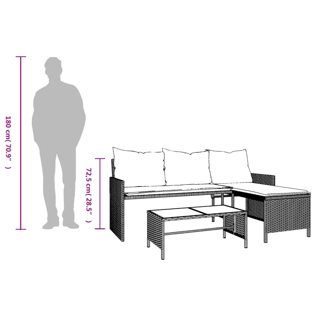 L-shaped garden sofa with table and cushions black poly rattan