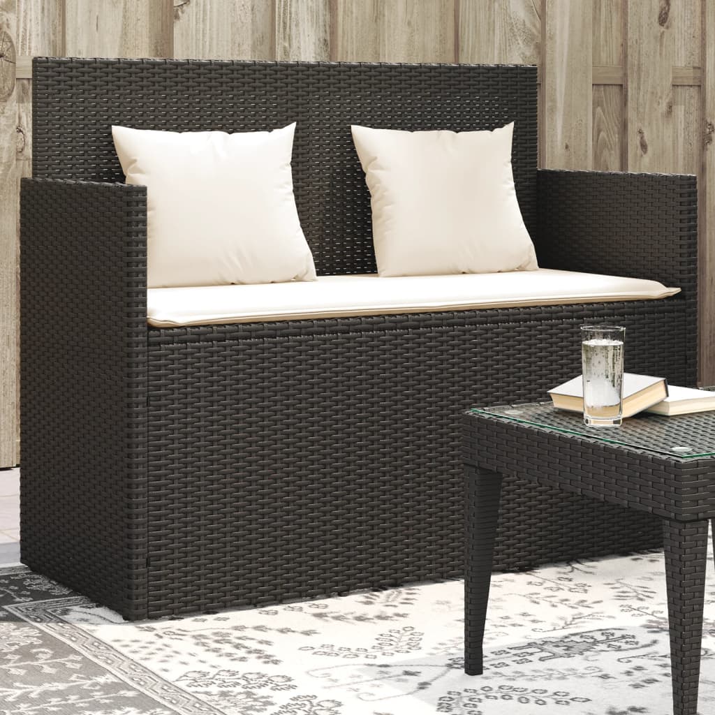 Garden Bench with Cushion Black Poly Rattan