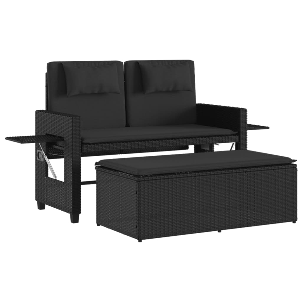 Garden Bench Adjustable with Cushion Black Poly Rattan