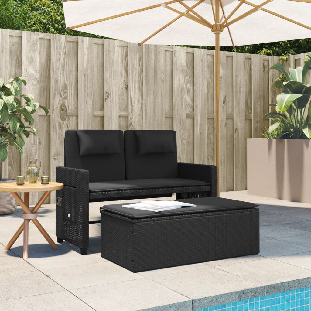 Garden Bench Adjustable with Cushion Black Poly Rattan