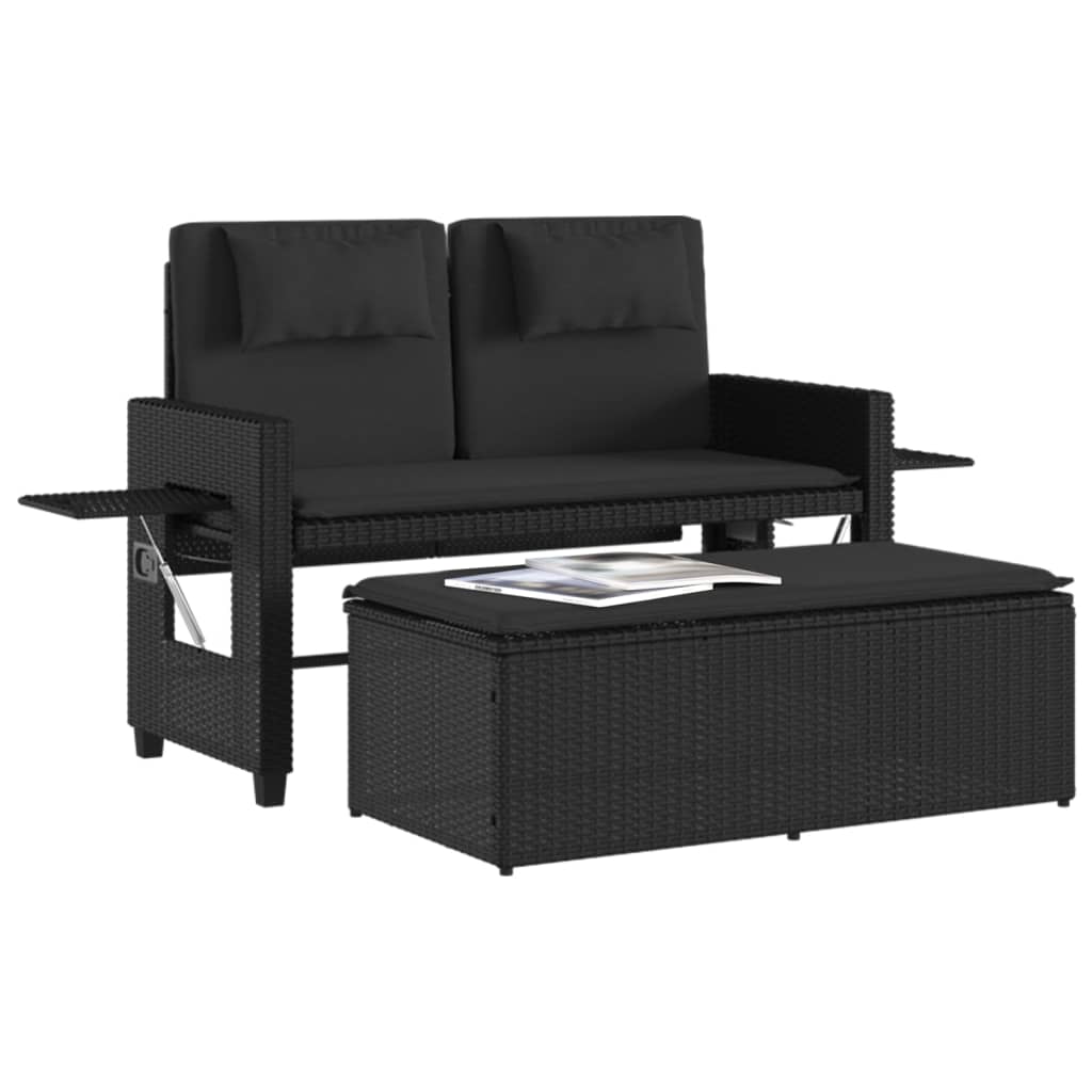 Garden Bench Adjustable with Cushion Black Poly Rattan