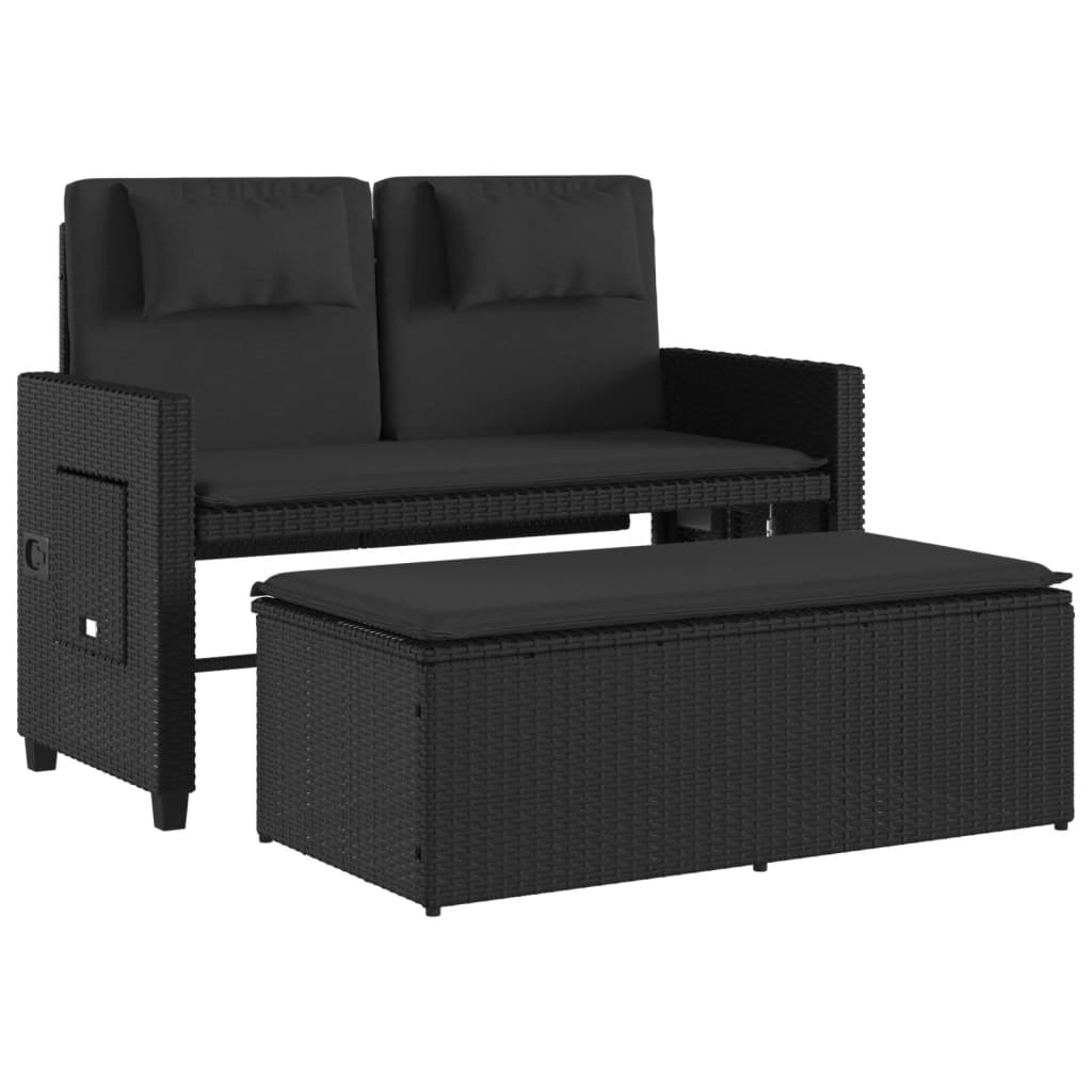 Garden Bench Adjustable with Cushion Black Poly Rattan