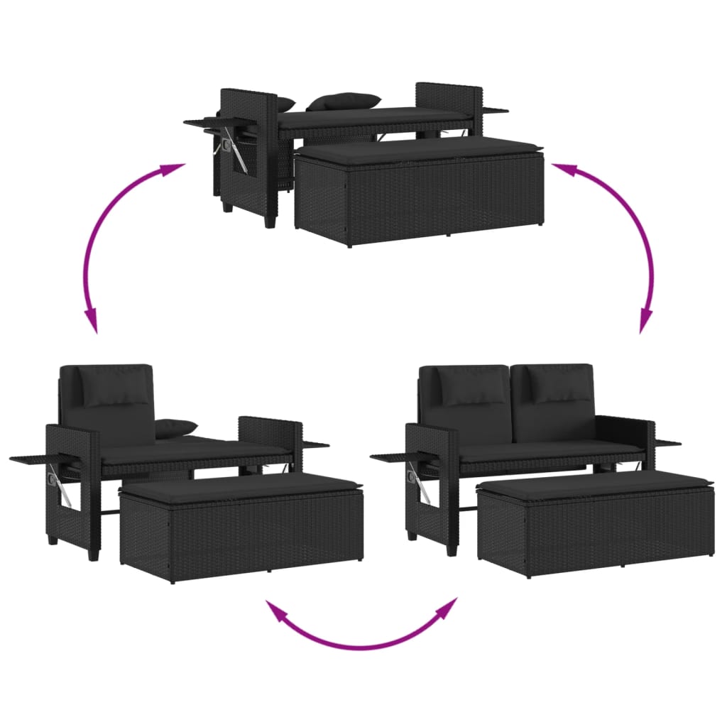 Garden Bench Adjustable with Cushion Black Poly Rattan