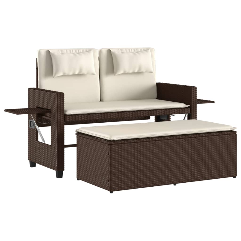 Garden Bench Adjustable with Cushion Brown Poly Rattan