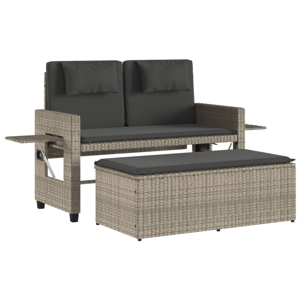 Garden Bench Adjustable with Cushion Light Grey Poly Rattan