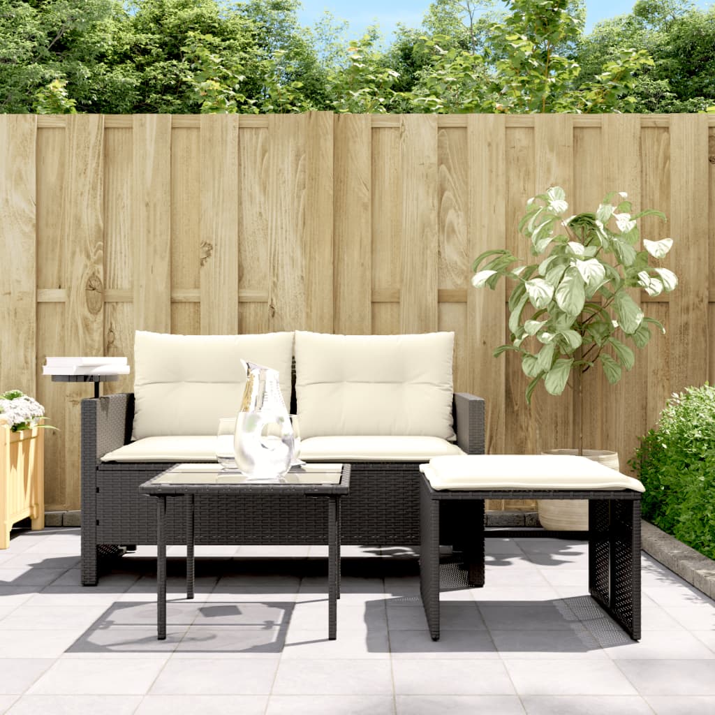 3-piece garden sofa set with cushions black poly rattan