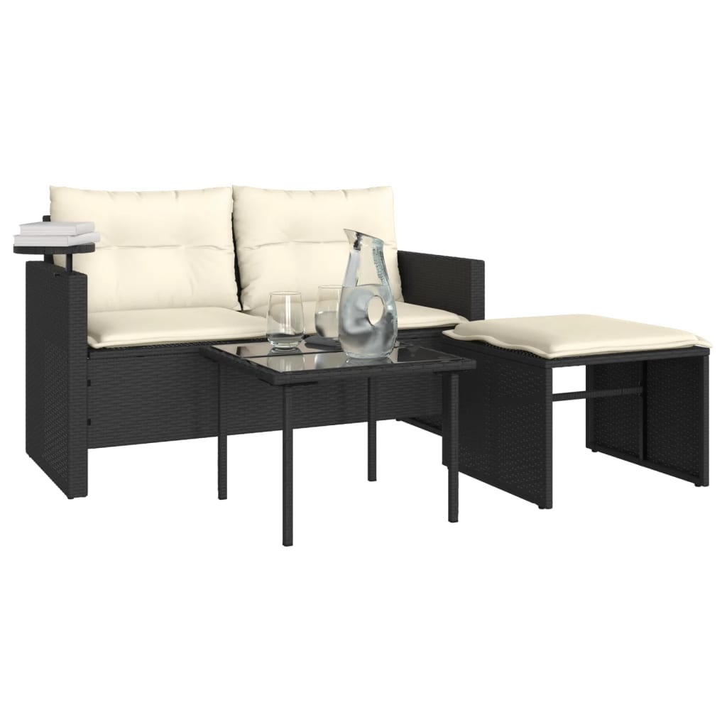 3-piece garden sofa set with cushions black poly rattan