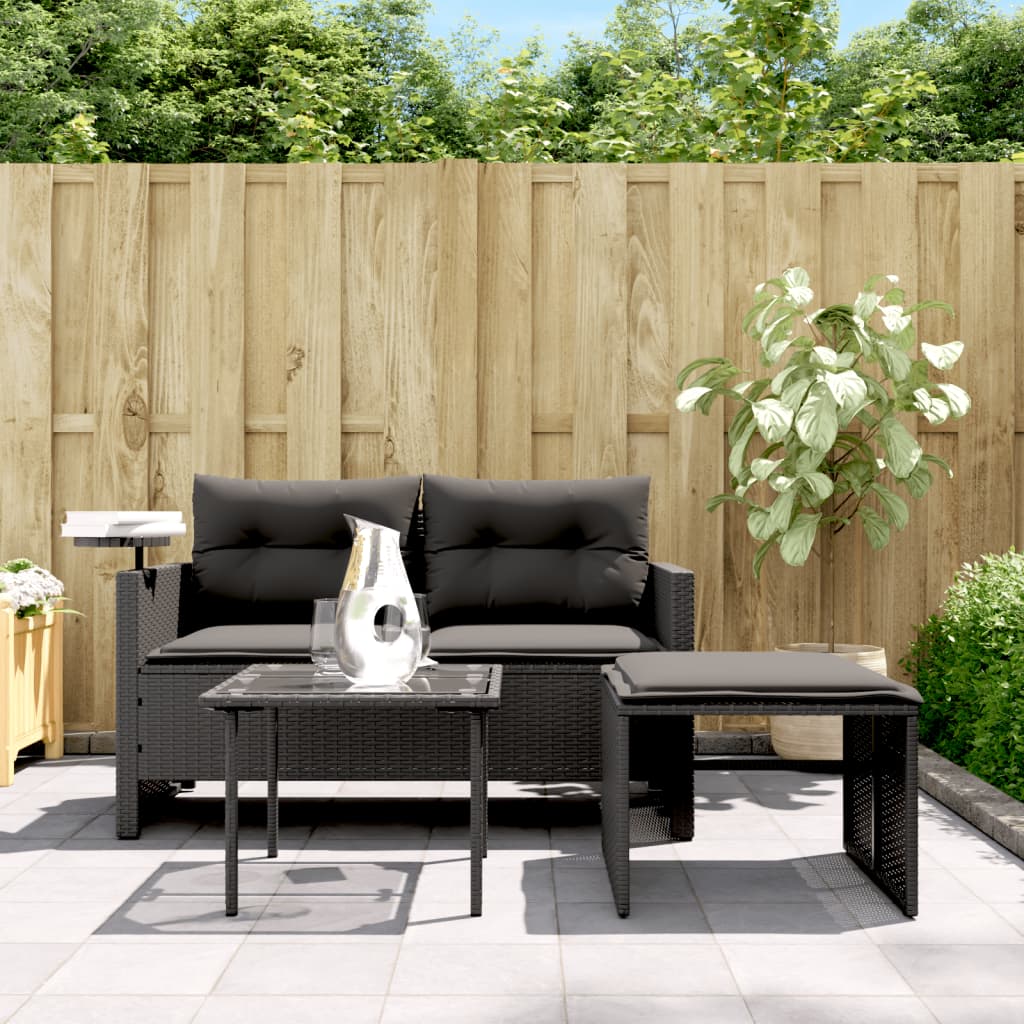 3-piece garden sofa set with cushions black poly rattan
