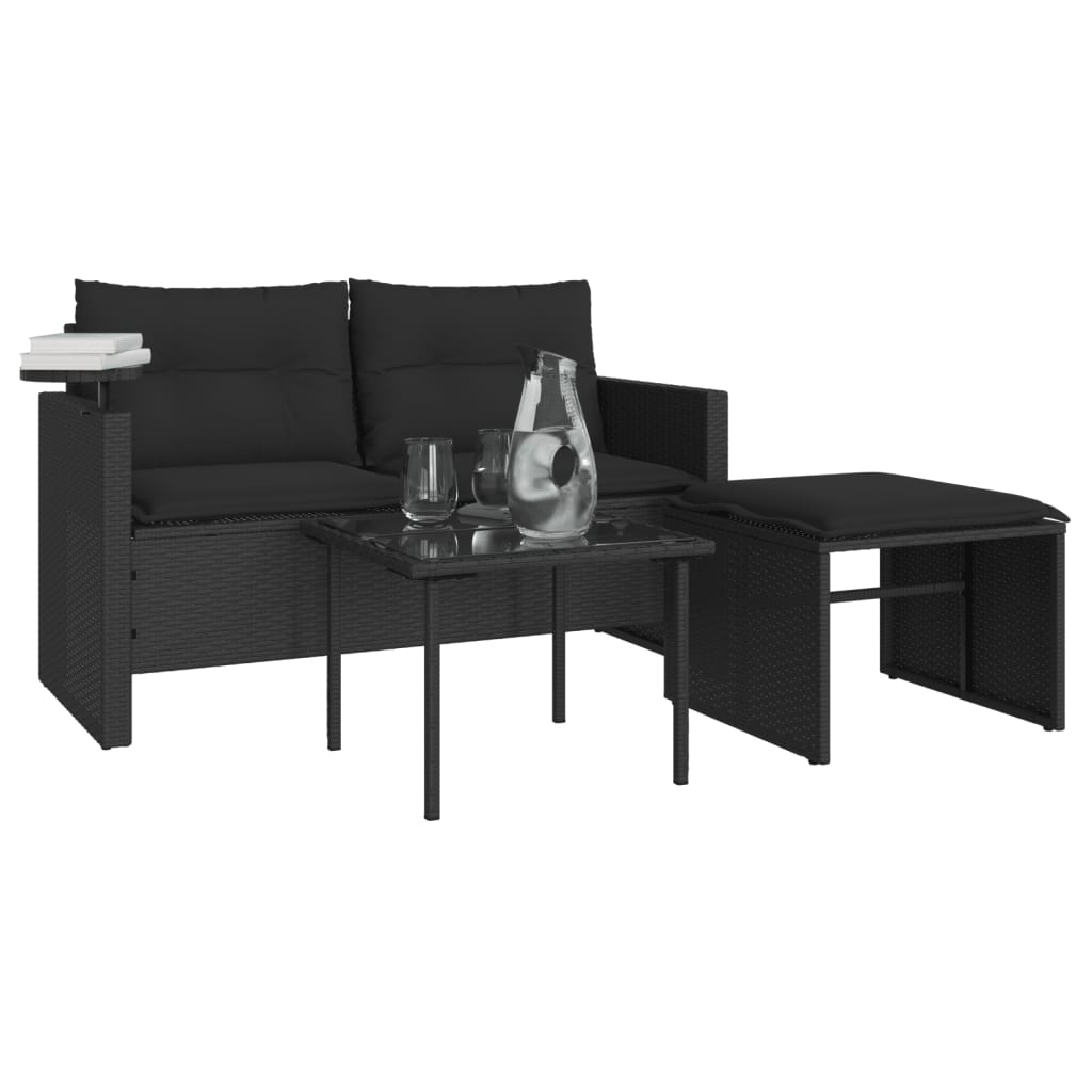 3-piece garden sofa set with cushions black poly rattan