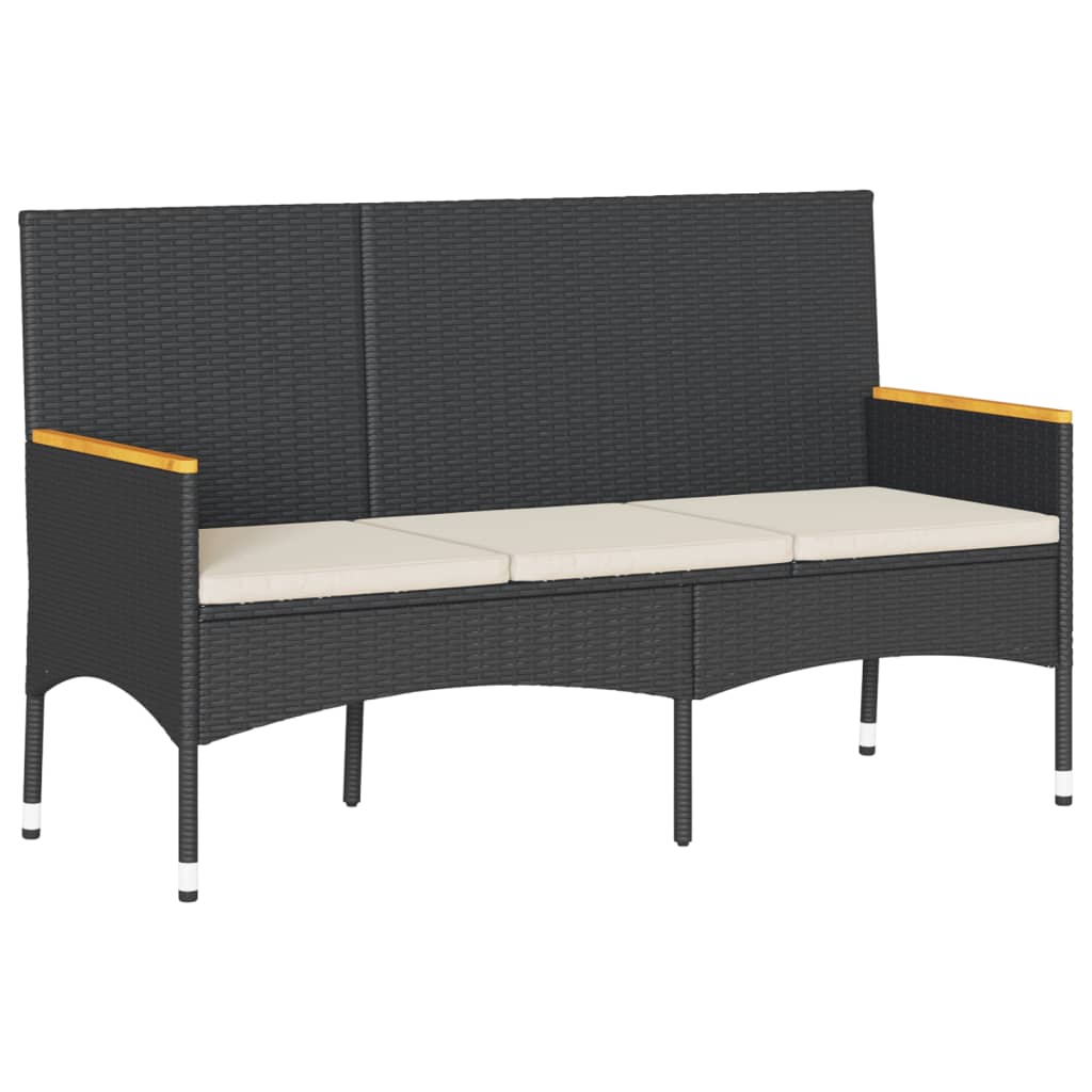 Garden Bench 3-Seater with Cushion Black Poly Rattan
