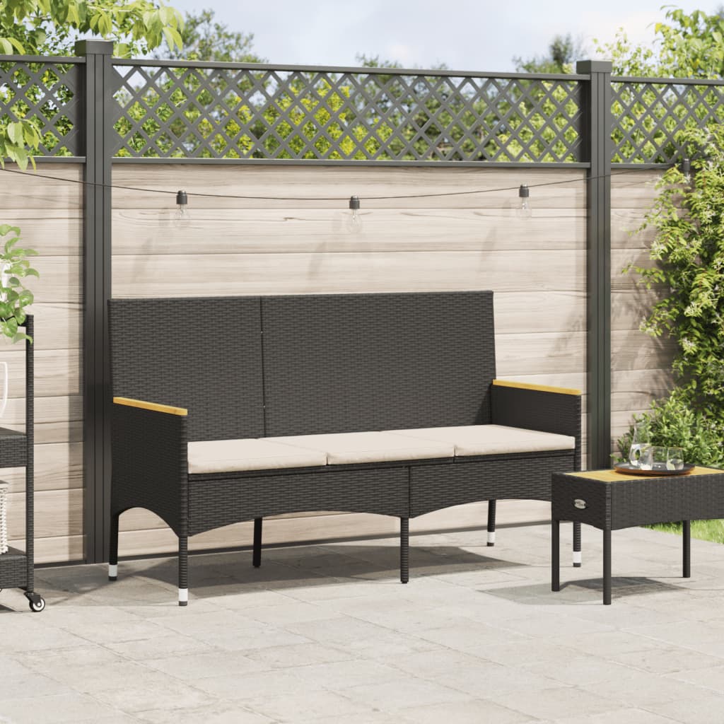 Garden Bench 3-Seater with Cushion Black Poly Rattan