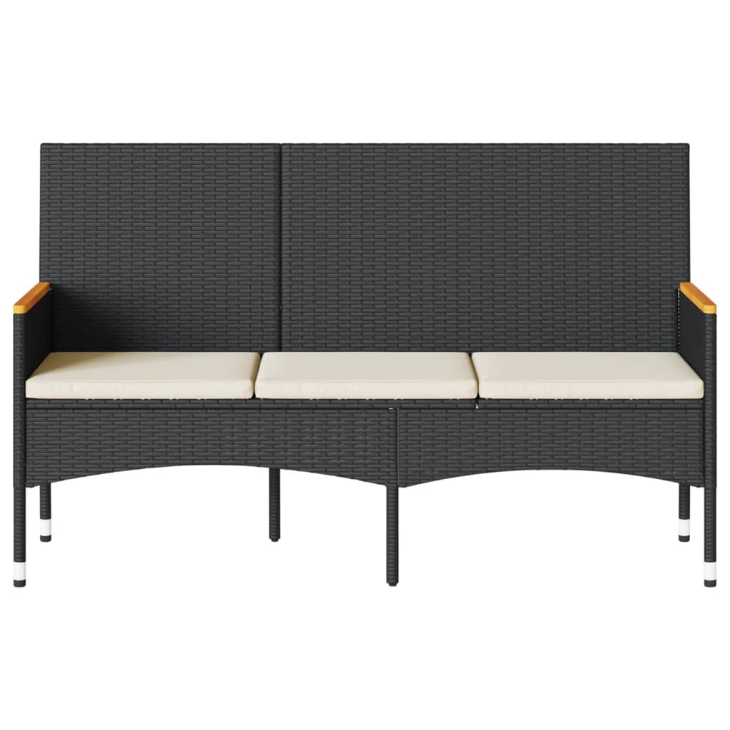 Garden Bench 3-Seater with Cushion Black Poly Rattan