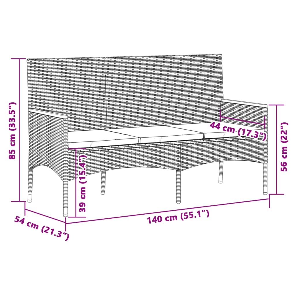 Garden Bench 3-Seater with Cushion Black Poly Rattan