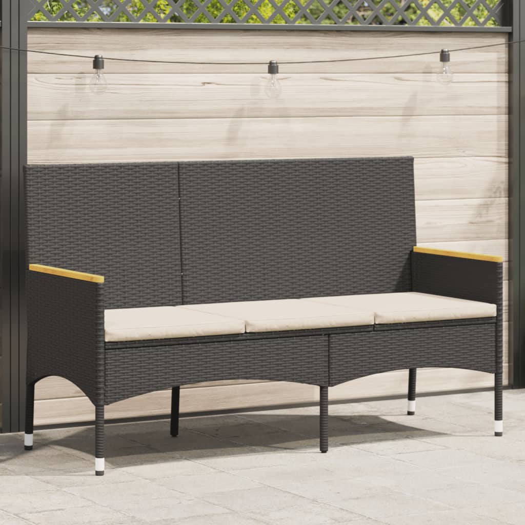 Garden Bench 3-Seater with Cushion Black Poly Rattan
