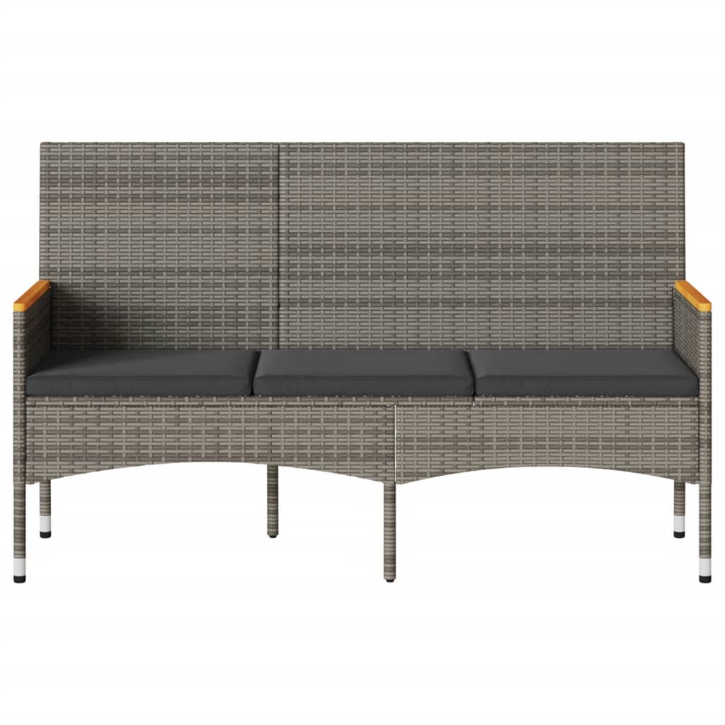 Garden Bench 3-Seater with Cushion Gray Poly Rattan