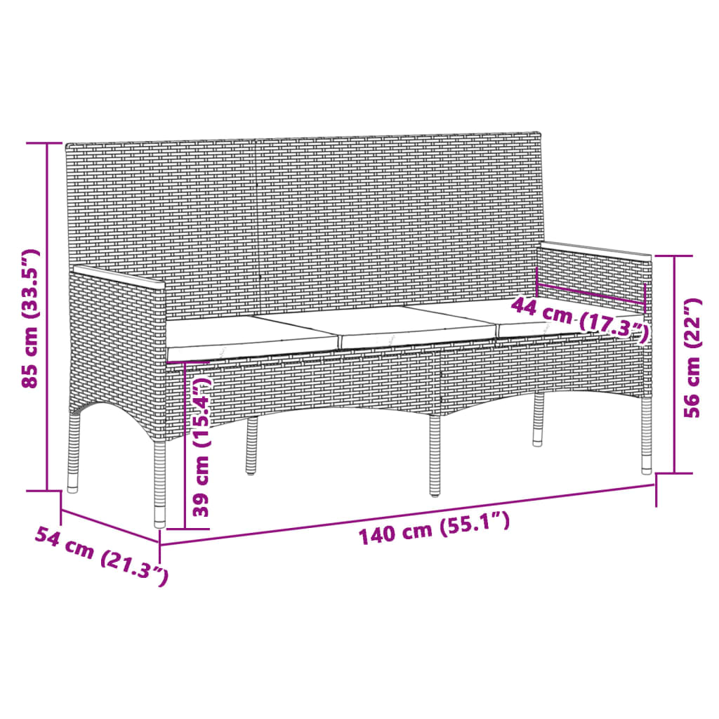 Garden Bench 3-Seater with Cushion Gray Poly Rattan