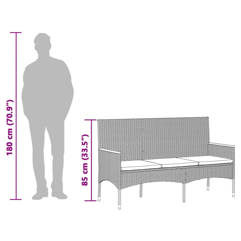 Garden Bench 3-Seater with Cushion Gray Poly Rattan
