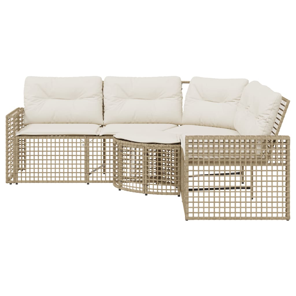 L-shaped garden sofa with cushions and footstool beige poly rattan