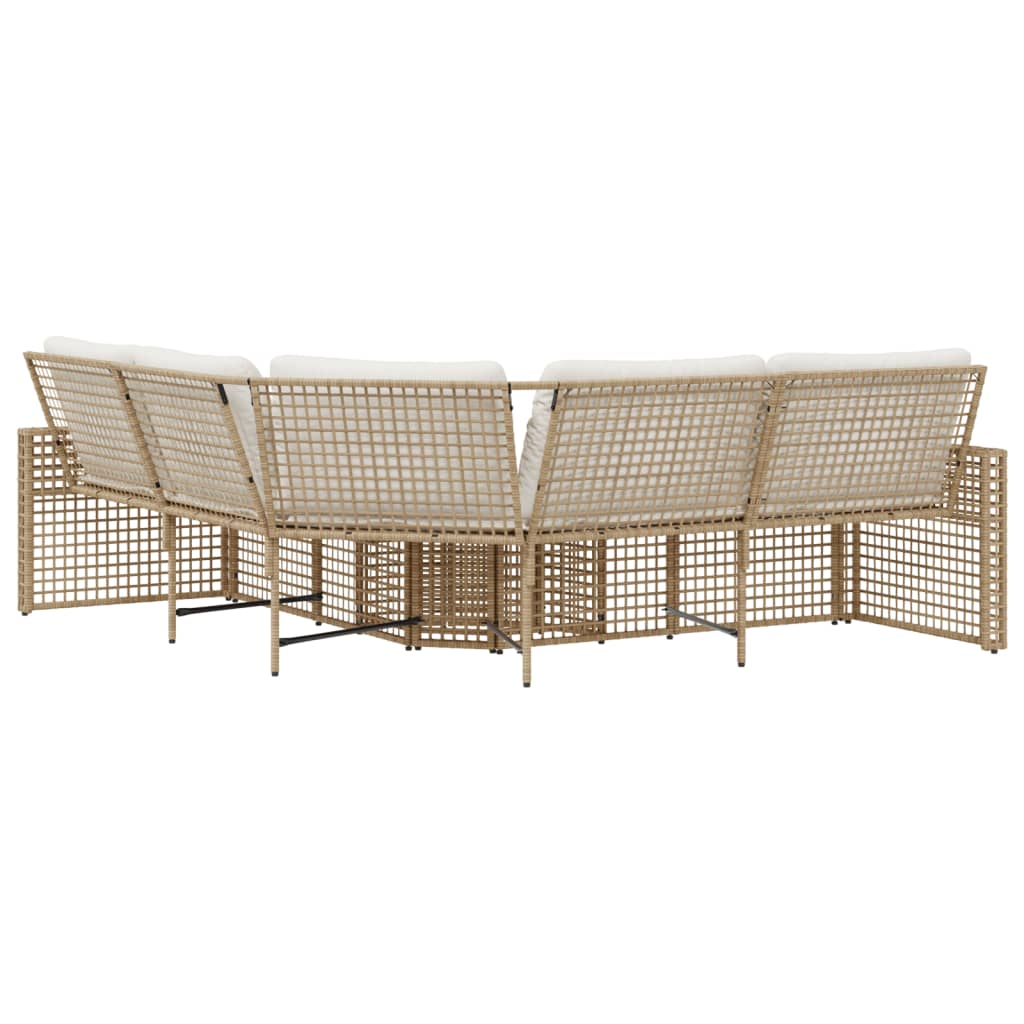 L-shaped garden sofa with cushions and footstool beige poly rattan