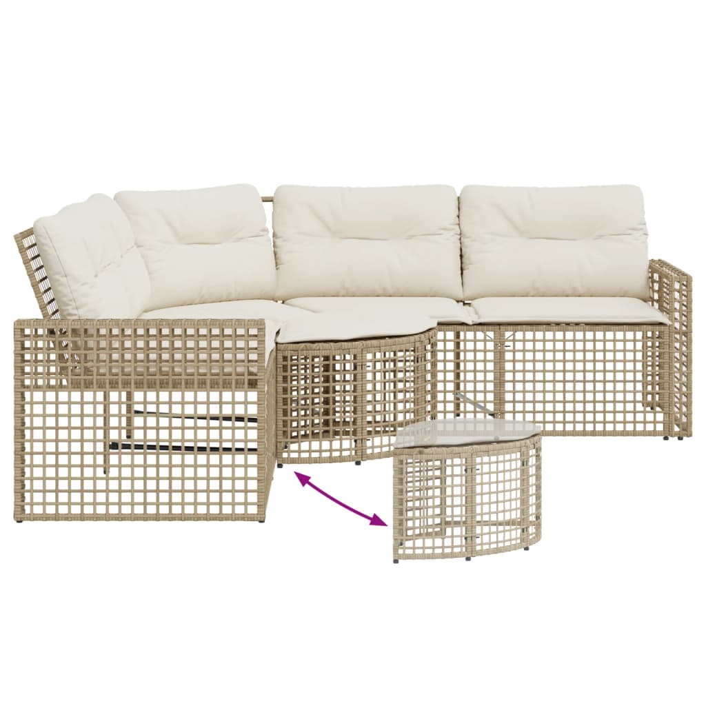 L-shaped garden sofa with cushions and footstool beige poly rattan