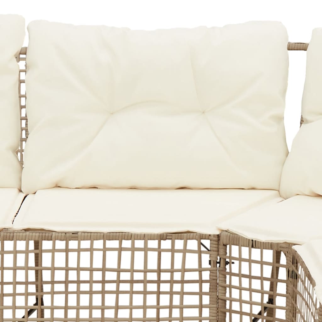 L-shaped garden sofa with cushions and footstool beige poly rattan