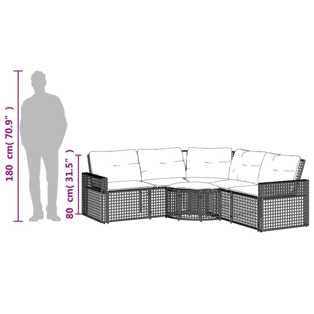 L-shaped garden sofa with cushions and footstool beige poly rattan