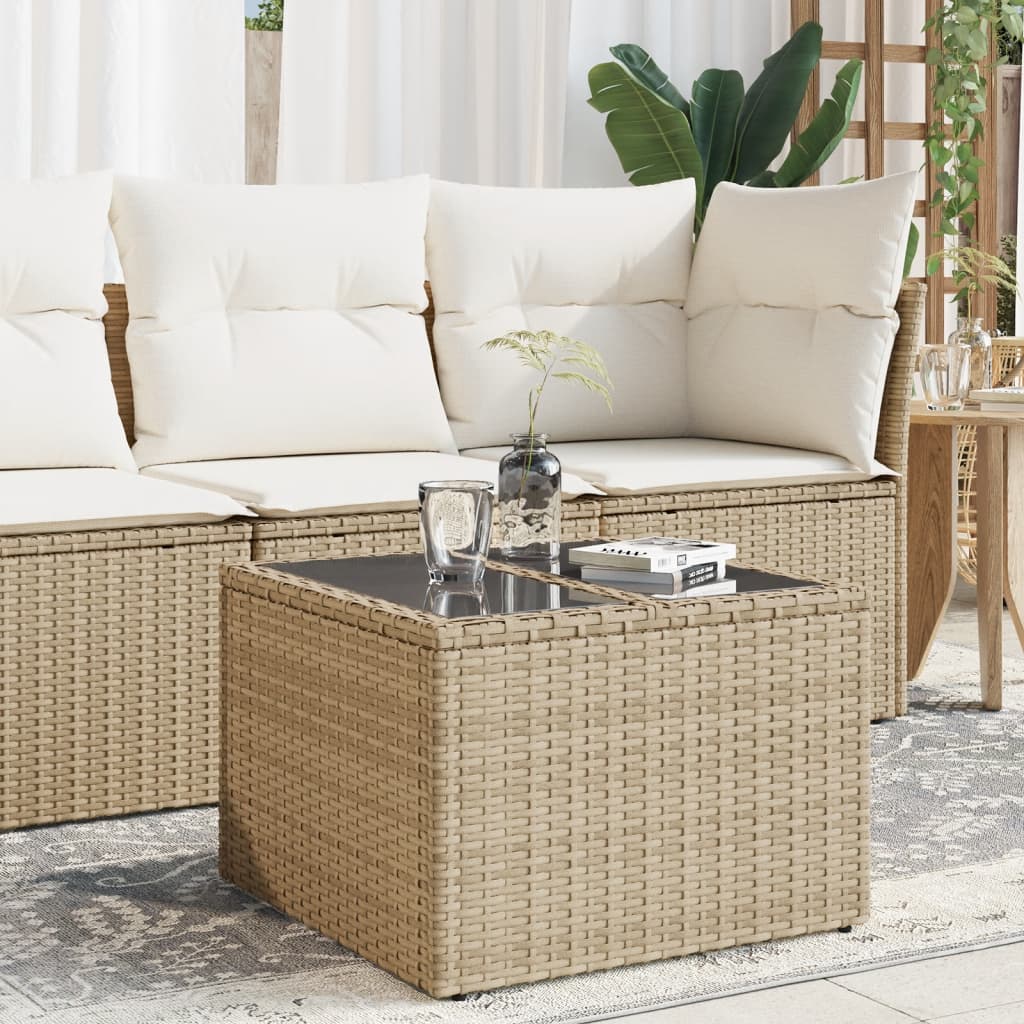 Garden table with glass top beige 55x55x37 cm poly rattan