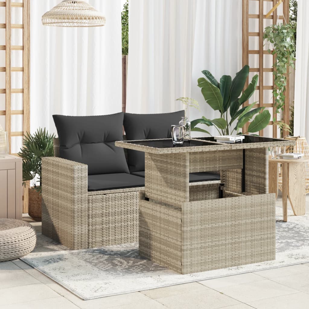 Garden table with glass top light grey 100x55x73 cm poly rattan