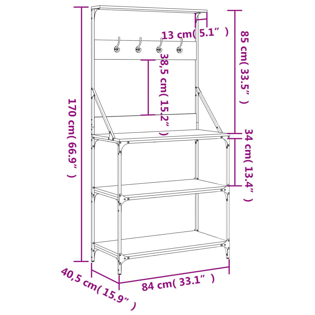 Baker's rack with hooks 4 shelves Sonoma oak wood material