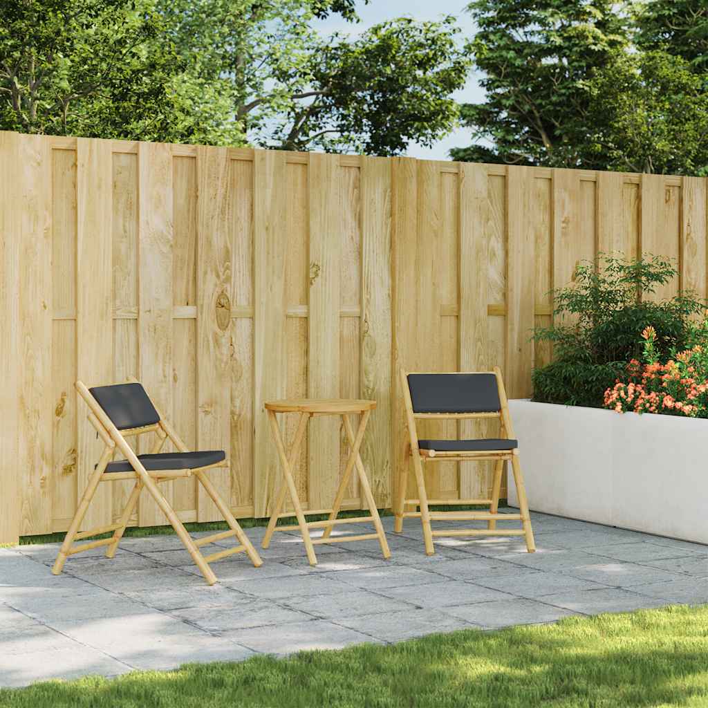 3-tlg. Bistro-Set Klappbar mit Dunkelgrauen Kissen Bambus