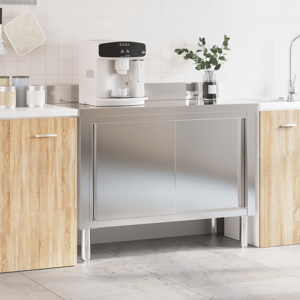 Kitchen work table with sliding doors stainless steel
