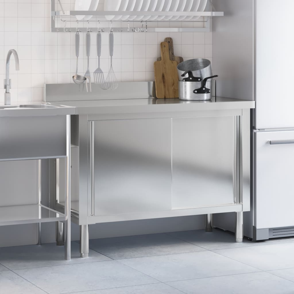 Kitchen work table with sliding doors stainless steel