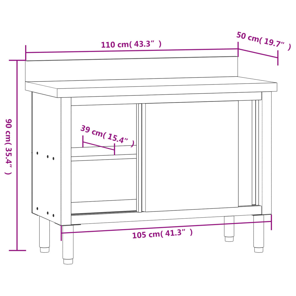 Kitchen work table with sliding doors stainless steel