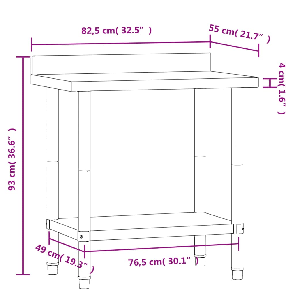 Kitchen work table with upstand 82.5x55x93 cm stainless steel
