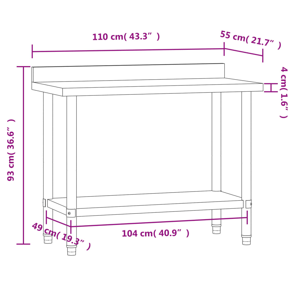 Kitchen work table with upstand 110x55x93 cm stainless steel