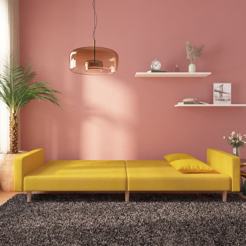 Sofa Bed 2-Seater with 2 Pillows Yellow Fabric