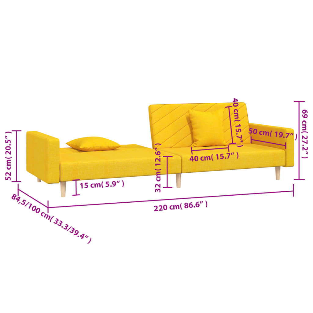 Sofa Bed 2-Seater with 2 Pillows Yellow Fabric