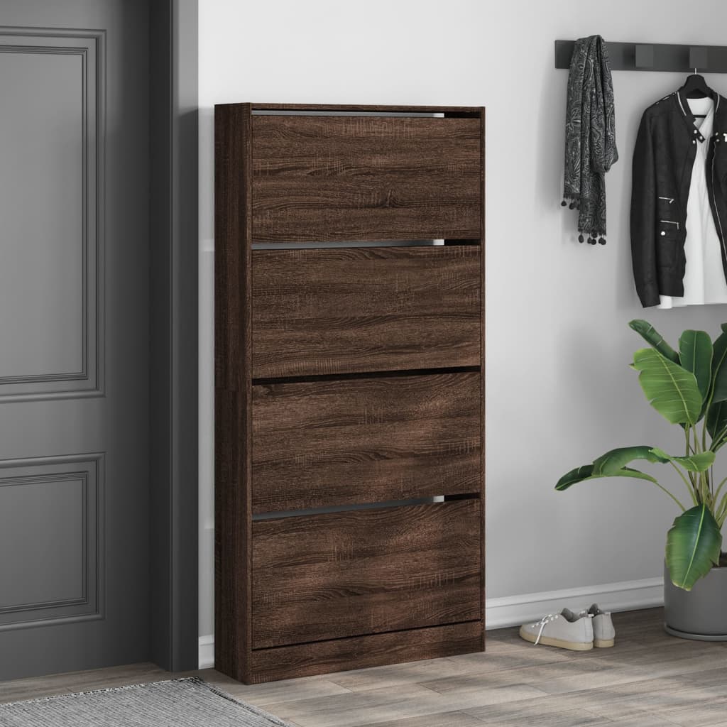 Shoe cabinet with 4 flaps, brown oak look, 80 x 21 x 163.5 cm