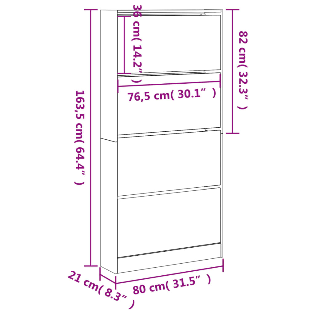 Shoe cabinet with 4 flaps, brown oak look, 80 x 21 x 163.5 cm