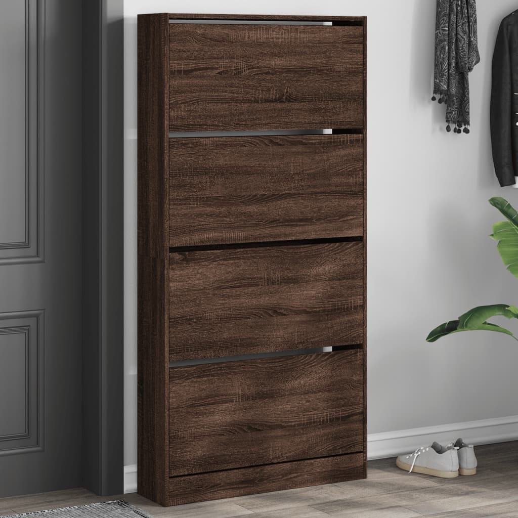 Shoe cabinet with 4 flaps, brown oak look, 80 x 21 x 163.5 cm