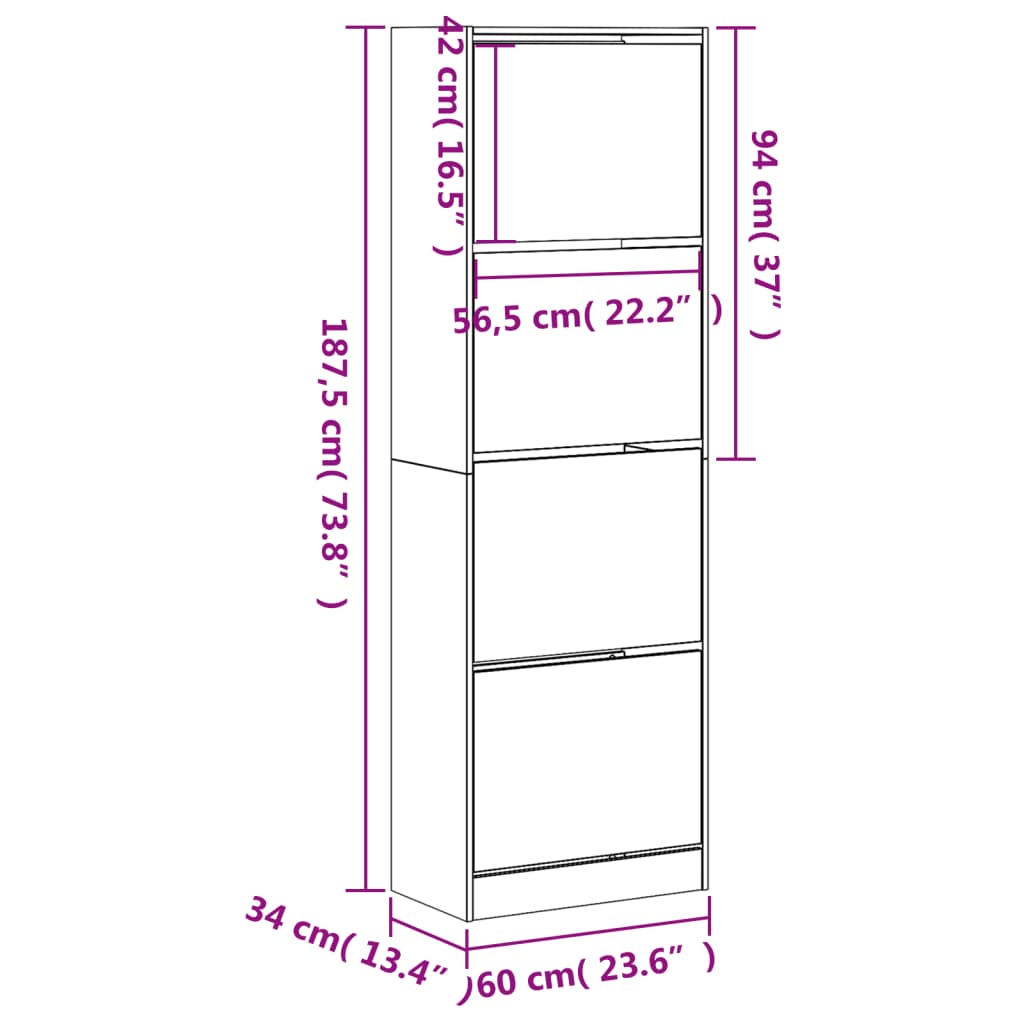 Shoe cabinet with 4 flaps white 60x34x187.5 cm