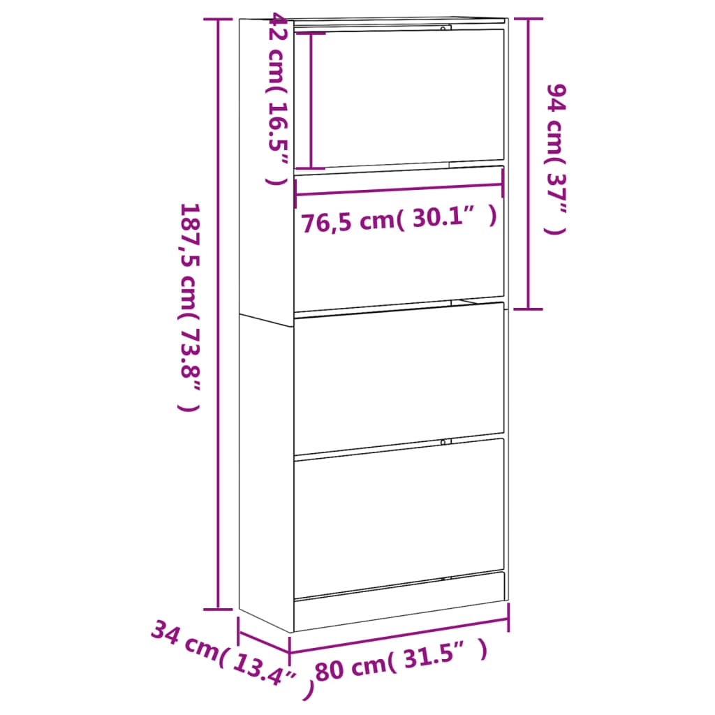 Shoe cabinet with 4 doors, concrete grey, 80 x 34 x 187.5 cm