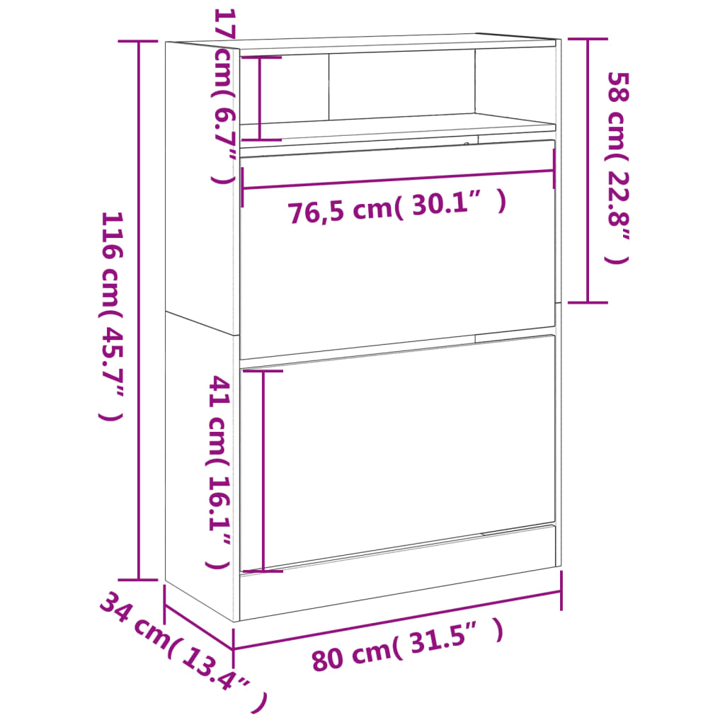 Shoe cabinet with 2 flaps white 80x34x116 cm