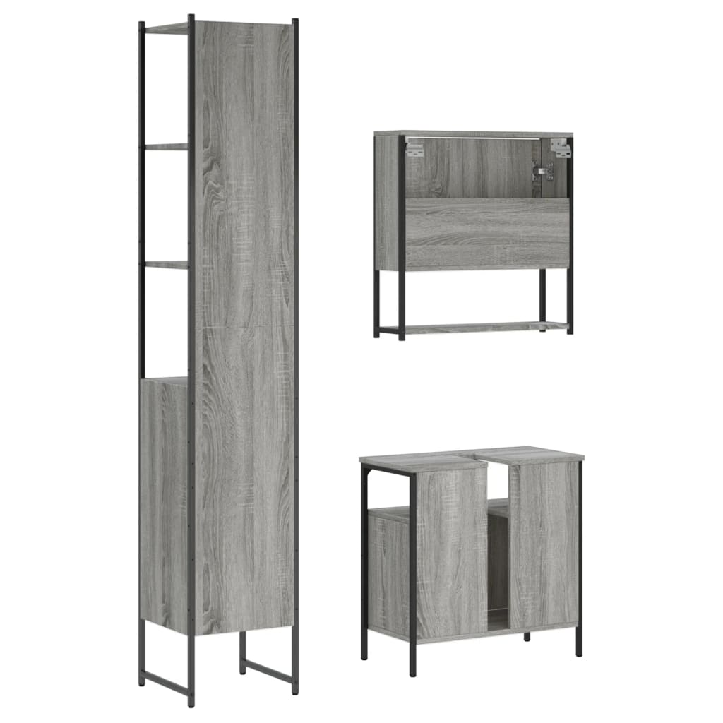 3-piece bathroom furniture set, grey Sonoma wood-based material