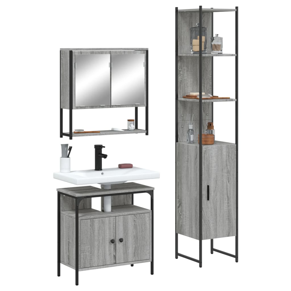 3-piece bathroom furniture set, grey Sonoma wood-based material
