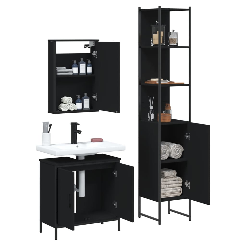 3-piece bathroom furniture set black wood-based material